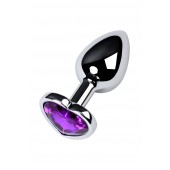 Серебристая коническая анальная пробка с фиолетовым кристаллом-сердечком - 7 см. - ToyFa - купить с доставкой в Калуге