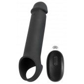 Черная вибронасадка для пениса с хомутом для мошонки и пультом ДУ Remote Controlled Penis Extension - Orion - в Калуге купить с доставкой
