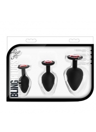 Набор черных анальных пробок с красным кристаллом-сердечком Bling Plugs Training Kit - Blush Novelties - купить с доставкой в Калуге