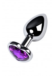 Серебристая коническая анальная пробка с фиолетовым кристаллом-сердечком - 7 см. - ToyFa - купить с доставкой в Калуге