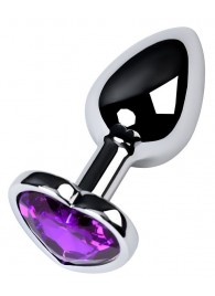 Серебристая коническая анальная пробка с фиолетовым кристаллом-сердечком - 7 см. - ToyFa - купить с доставкой в Калуге