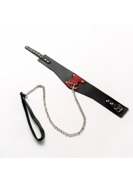 Черный широкий ошейник с красным декором и поводком - Crazy Handmade - купить с доставкой в Калуге