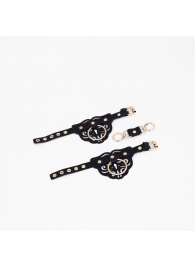 Черные кожаные наручники с клепками, кольцами и золотистой фурнитурой - Crazy Handmade - купить с доставкой в Калуге