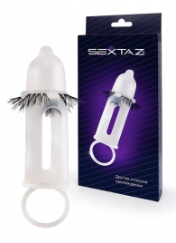 Эластичная насадка на пенис с подхватом мошонки и стимулирующими «ресничками» - Sextaz - в Калуге купить с доставкой