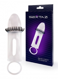 Закрытая насадка на пенис с подхватом мошонки и стимулирующими «ресничками» - Sextaz - в Калуге купить с доставкой