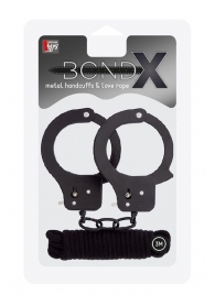 Чёрные наручники из листового металла в комплекте с веревкой BONDX METAL CUFFS LOVE ROPE SET - Dream Toys - купить с доставкой в Калуге