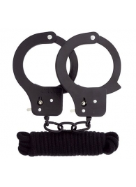 Чёрные наручники из листового металла в комплекте с веревкой BONDX METAL CUFFS LOVE ROPE SET - Dream Toys - купить с доставкой в Калуге