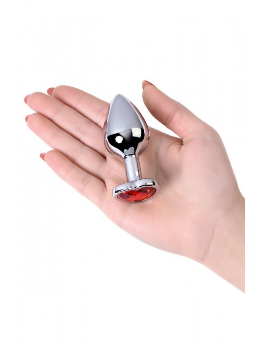 Серебристая коническая анальная пробка с красным кристаллом-сердечком - 7 см. - ToyFa - купить с доставкой в Калуге
