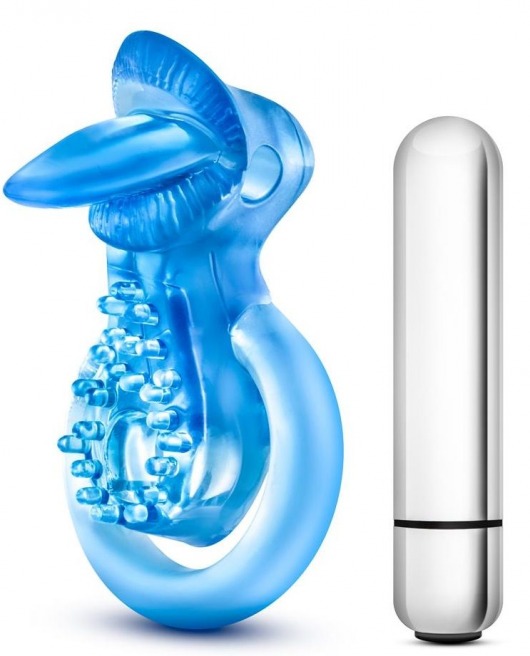 Голубое эрекционное виброкольцо 10 Function Vibrating Tongue Ring - Blush Novelties - в Калуге купить с доставкой