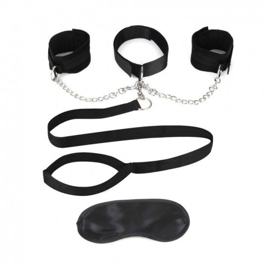 Чёрный ошейник с наручниками и поводком Collar Cuffs   Leash Set - Lux Fetish - купить с доставкой в Калуге