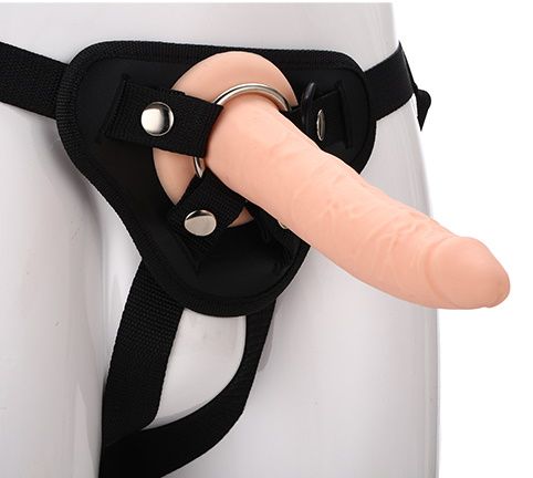 Телесный страпон на черных трусиках STRAP ON REAL DILDO - 20 см. - Dream Toys - купить с доставкой в Калуге