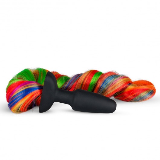 Черная анальная пробка с радужным хвостом Butt Plug With Tail - Easy toys