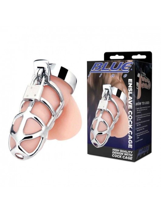 Серебристая металлическая клетка для члена с замком Enslave Cock Cage - BlueLine - купить с доставкой в Калуге