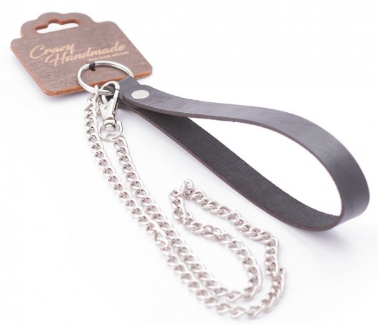 Серебристый металлический поводок с кожаной черной ручкой - 80 см. - Crazy Handmade - купить с доставкой в Калуге