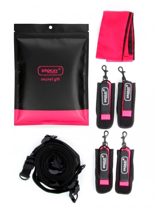 Черно-розовый эротический набор: фиксатор, оковы, наручники, повязка - Erokay - купить с доставкой в Калуге