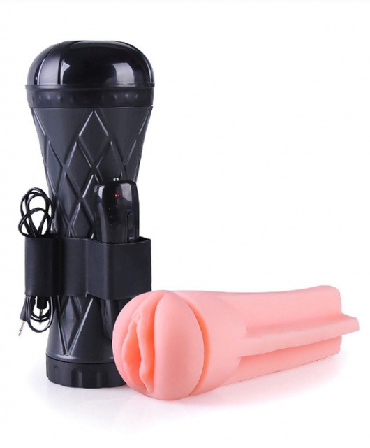 Телесный мастурбатор-вагина в черной колбе с вибрацией - Boys of Toys - в Калуге купить с доставкой