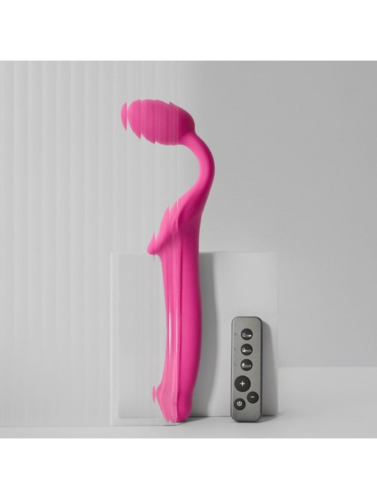 Ярко-розовый безремневой страпон Strap-on-me Vibrating Bendable Strap-On size M - Strap-on-me - купить с доставкой в Калуге