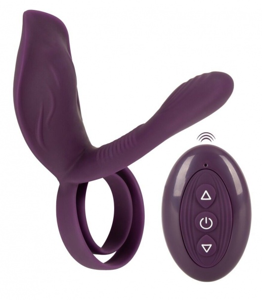 Фиолетовая насадка на член с клиторальным отростком и пультом ДУ RC Couple’s Vibrator 2 - Orion - в Калуге купить с доставкой