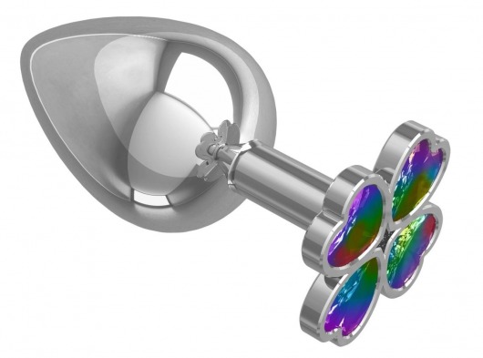 Серебристая анальная пробка-клевер с радужным кристаллом - 9,5 см. - Джага-Джага - купить с доставкой в Калуге